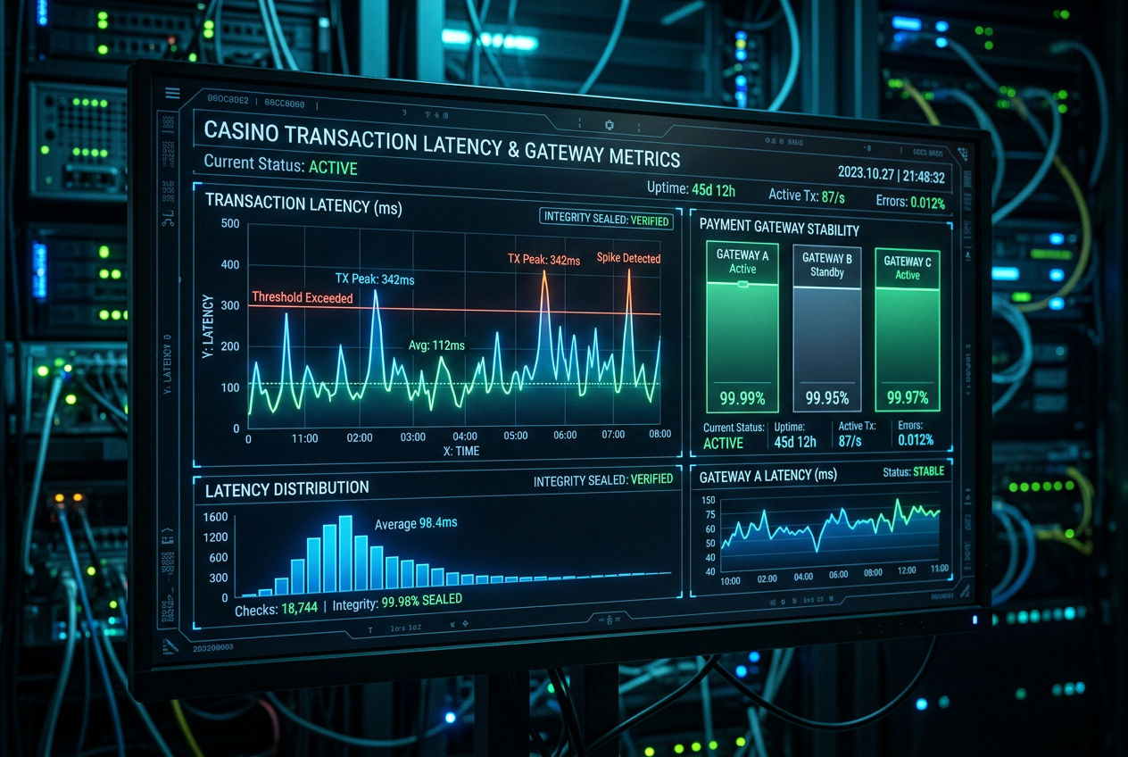 Technický dashboard sledující stabilitu platební brány v online kasinu