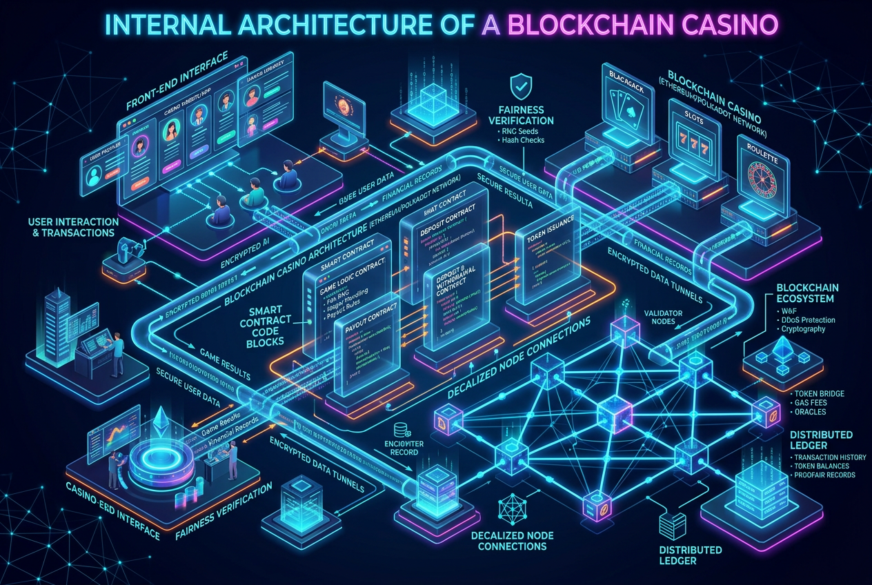 Technické schéma architektury krypto kasina a blockchainových uzlů