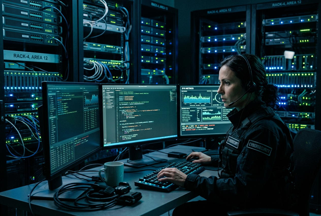 IT specialista v serverovně monitorující síťovou stabilitu kasina