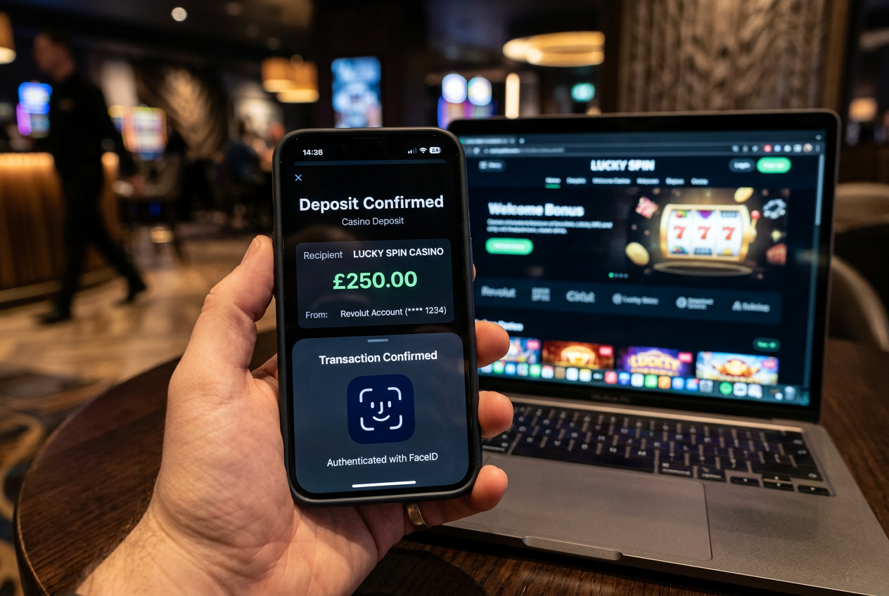 High-tech online casino rozhraní s aplikací Revolut na mobilním zařízení