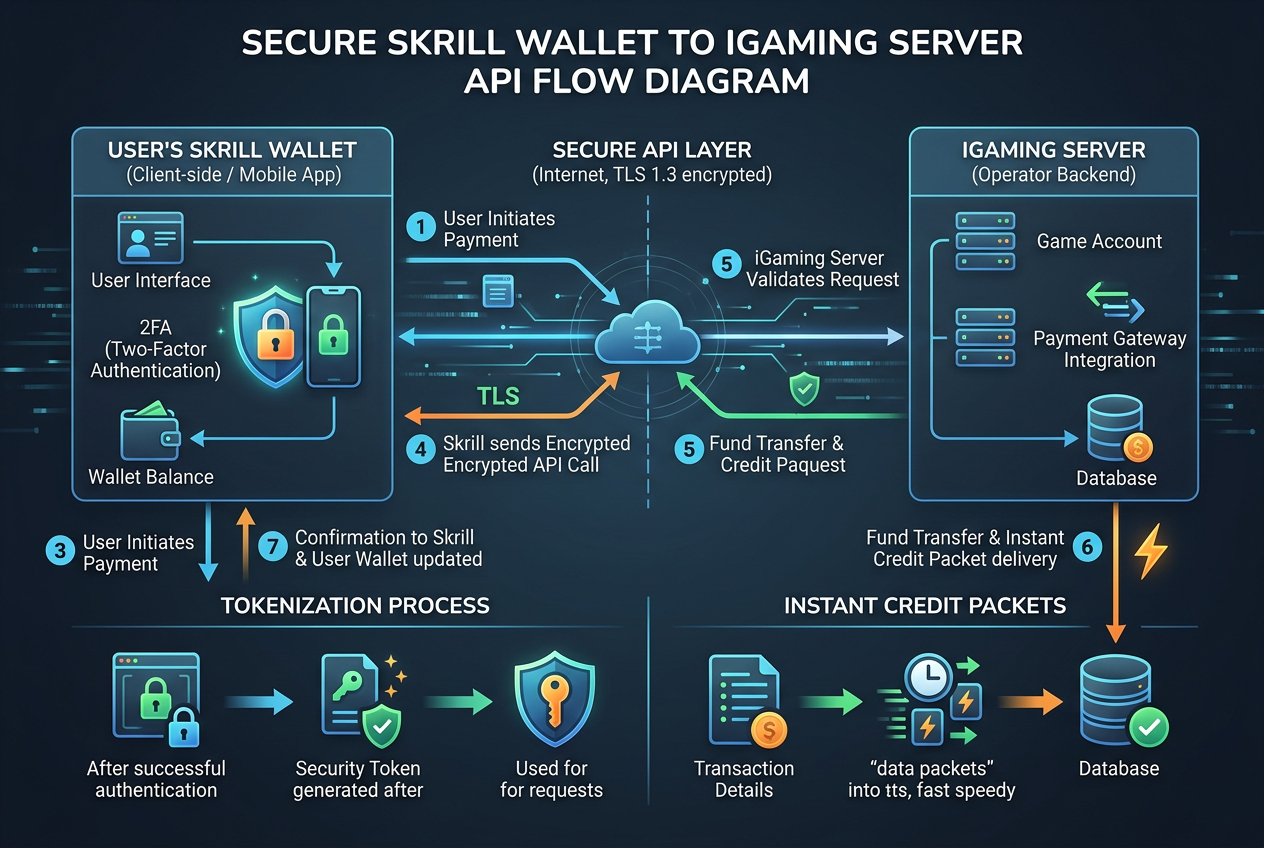 Technický diagram bezpečného API spojení mezi Skrill peněženkou a servery kasina
